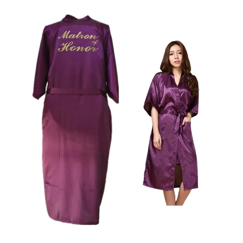 

Оптовая продажа Matron of Honor с золотым блеском, женские однотонные длинные атласные шелковые халаты, кимоно, ночная рубашка, халат для спа-вечеринки T35