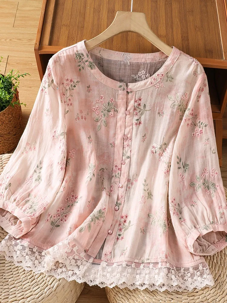

Retro Chinese Style Lace Trim Cotton Linen Blouse Women Summer Anti Aging Beautiful round Neck Short Sleeve Plant Floral Prin...