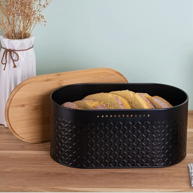 1pc Bread Box, Leak Proof Black Oval Bread Box With Wooden Lid, Reusable And Durable Bread  Box, For Brad, Toast, Fruit And Vege