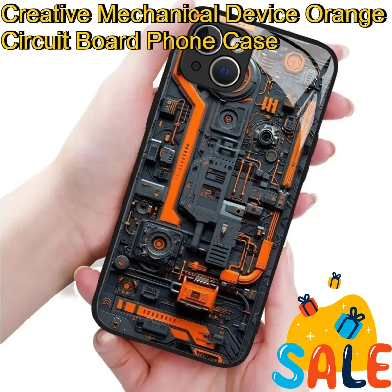 

For IPhone 16 15 14 13 12 11 Pro Max 14 15 16 Plus Protector Cover Creative Mechanical Device Orange Circuit Board Phone Case