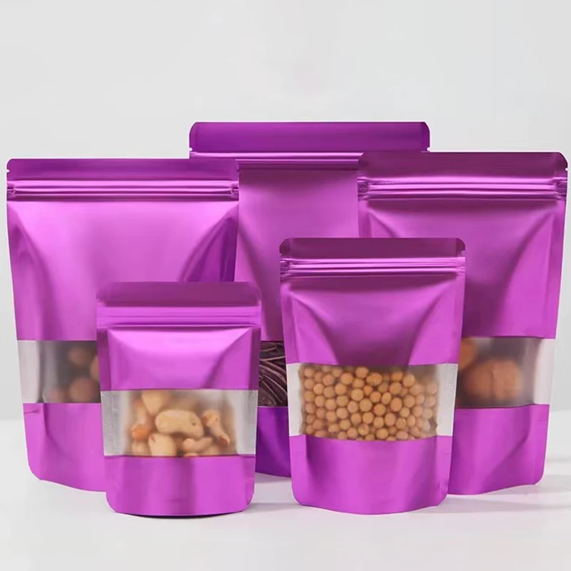 Matt Purple Stand Up Food Packaging Pouch with Window Custom Printed Zip Lock Foil Lined Pet Food Tea Doypack Storage Bag