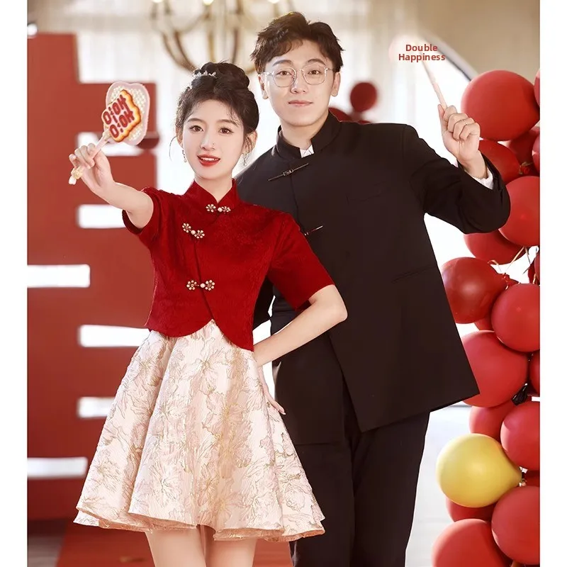 

New Chinese Sle Wedding Dr 2024 Embroidered Satin Engagement Par Banquet Small Gift Skirt High Waist ort Sve