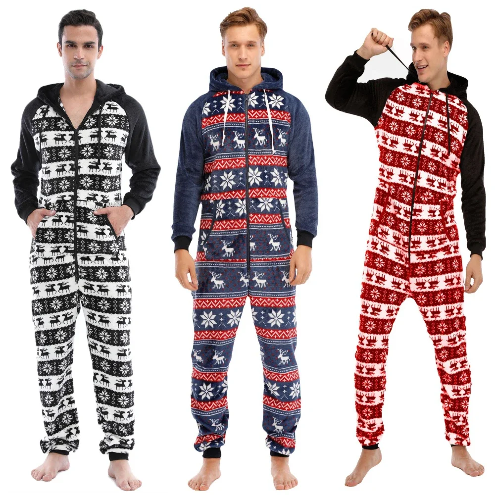 

Christmas Sleepwear Men Autumn Winter Warm Elk Snowman Print Long Sleeve Pajamas Jumpsuit Leisure Soft Home Clothes Mens Onesies