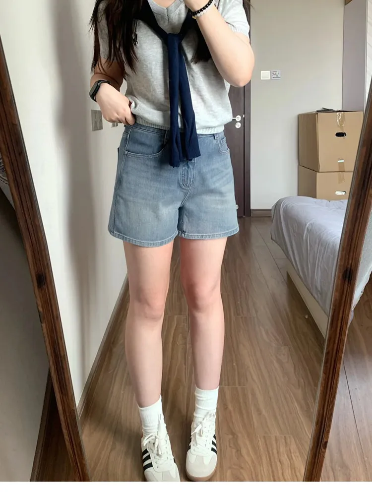 Retro High Waist Denim Shorts Women Summer New Style Pear Shape plus Size Loose Slim A-Line Wide Leg Pants Casual Comfortable