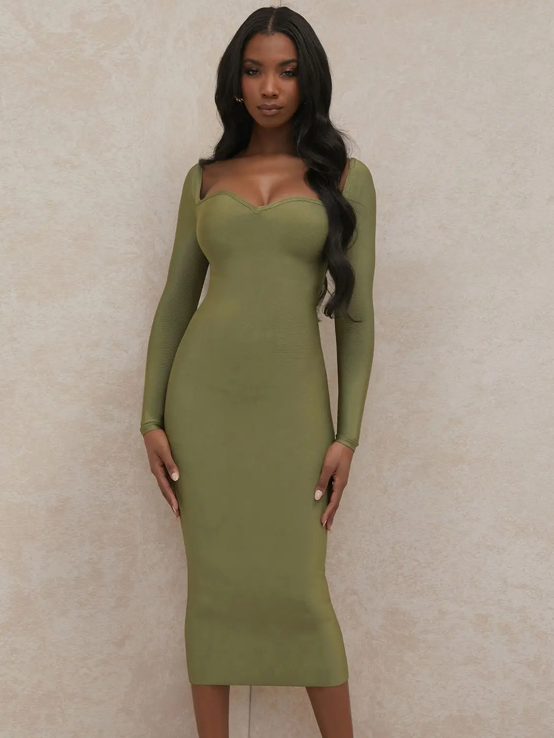 HQBORY Women Long-Sleeved  Bandage long Dress Plunge Army Green V Sexy  Luxury Christmas Clearance Bodycon Dress Midi