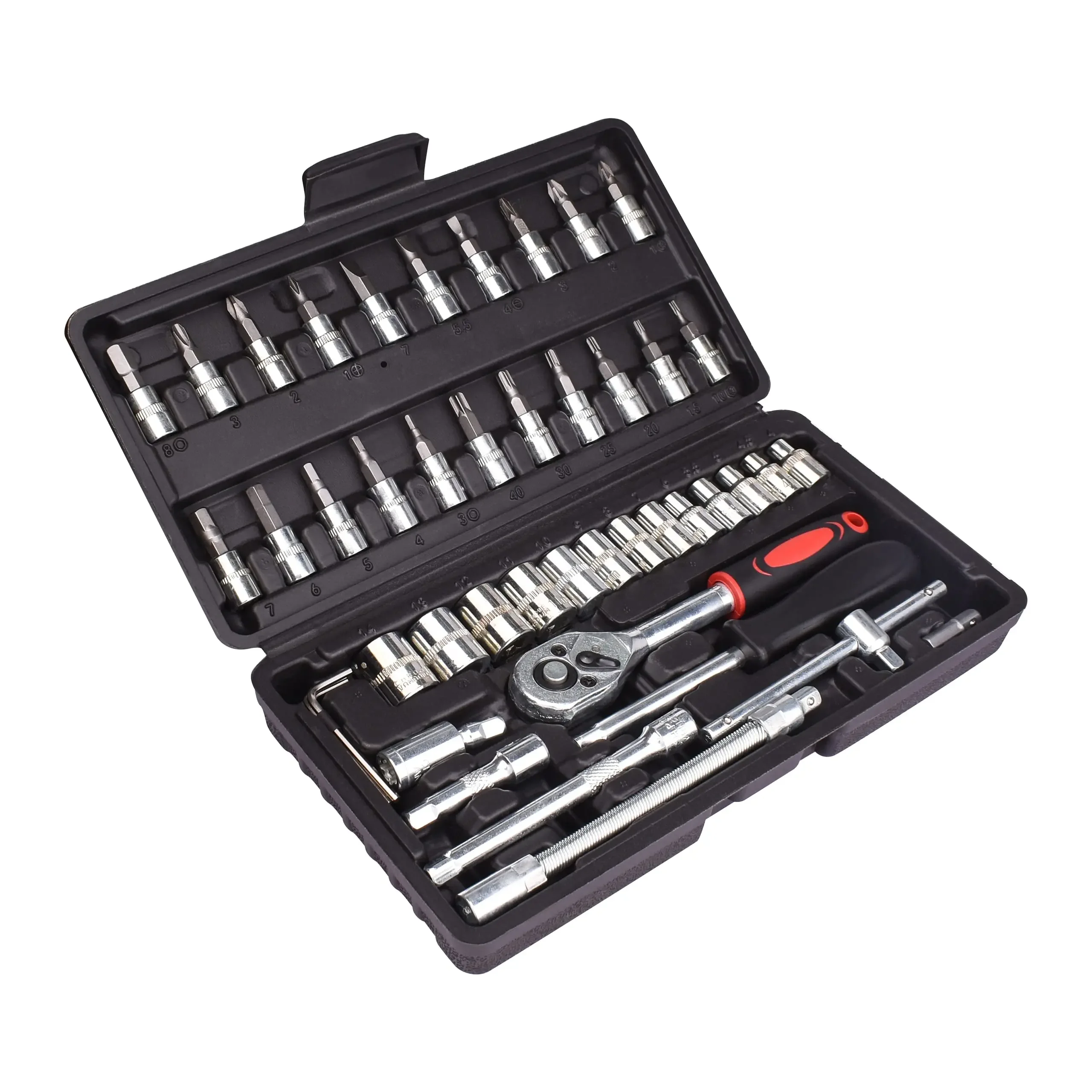 46Piece Drive Socket Ratchet Wrench Bit Repair Tool Kit  Automotive Repairs Mechanics Chrome Vanadium Steel Handle Portable Case