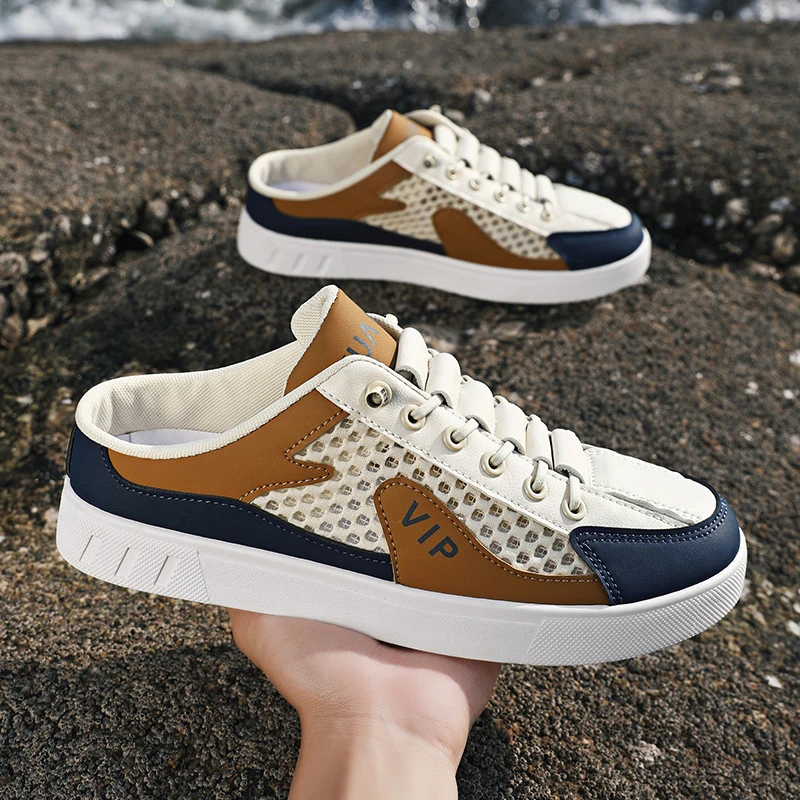 Mesh Half Shoes For Men Mules Closed Toe Sandals Summer Backless Loafers Slippers Man Slides 2025 Semi-Drag Casual Board Shoes
