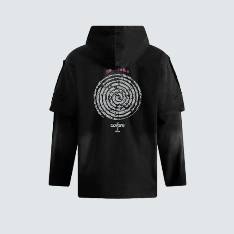 MWJLPWQ Distressed Hooded Sweatshirt For Men Women American Retro Vintage Print Faux Two-Piece Loose Fit Dark Style Tops 20169