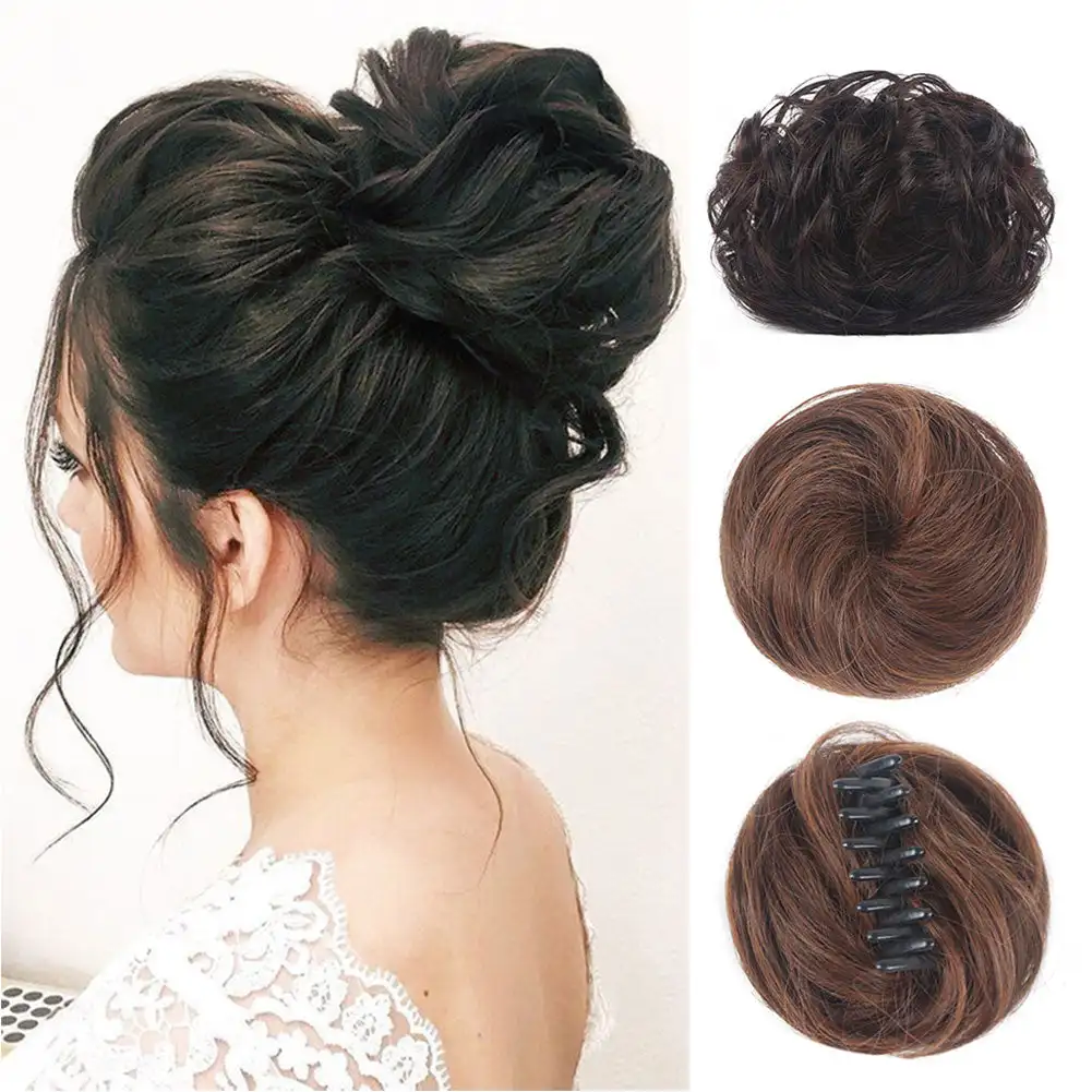 Synthetic Chignon Messy Bun Claw Clip in Hair Piece Wavy Curly Hair Bun Ponytail Extensions Scrunchie Hairpieces for Women