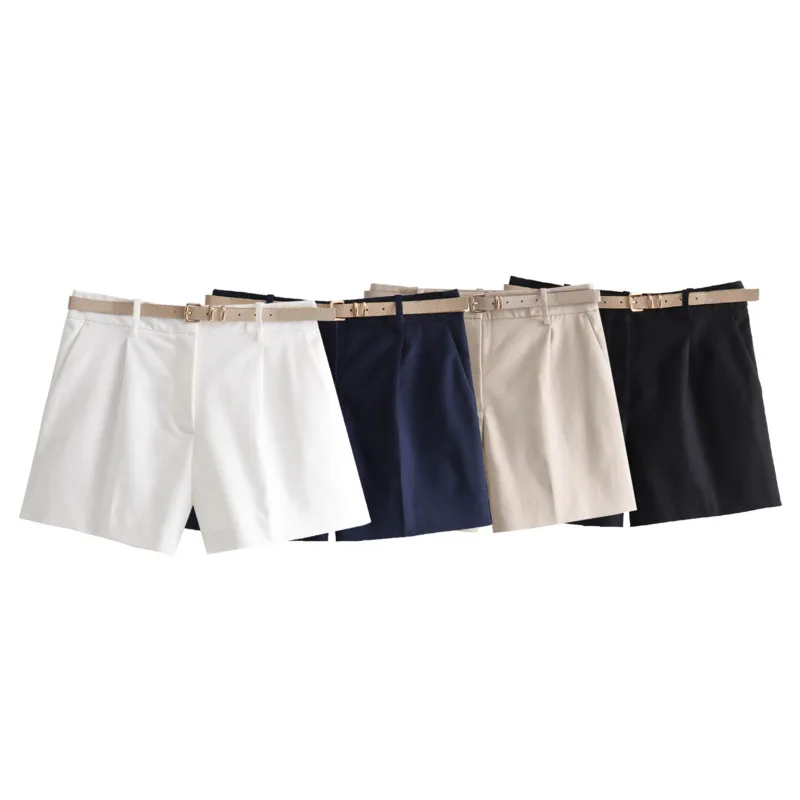 

Chic Summer New Style Shorts With Belt Decor British Style Pleated Double-Layer Bermuda Shorts Casual Fashion Versatile Shorts