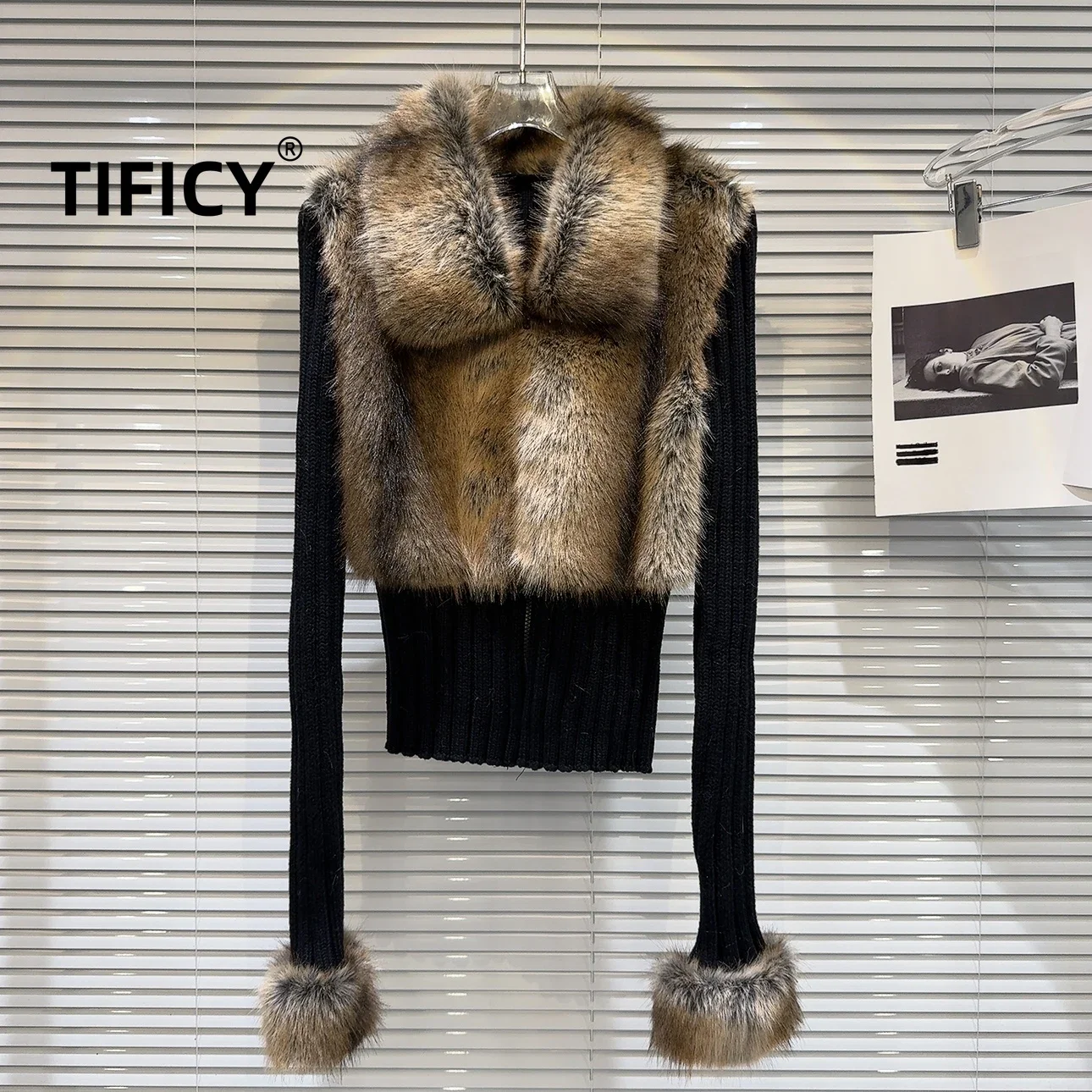 TIFICY High Street Women's Winter New Environmentally Friendly Wool Splicing Design Slim Fit Artificial Fur Knitted Sweater Tops