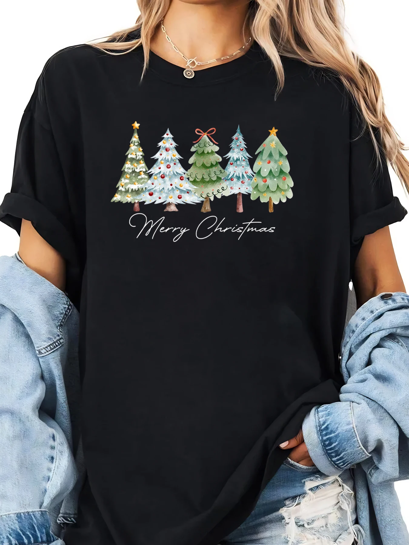 Arbres de noël joyeux noël imprimé T-Shirt vacances femmes tenue décontracté noir grande taille