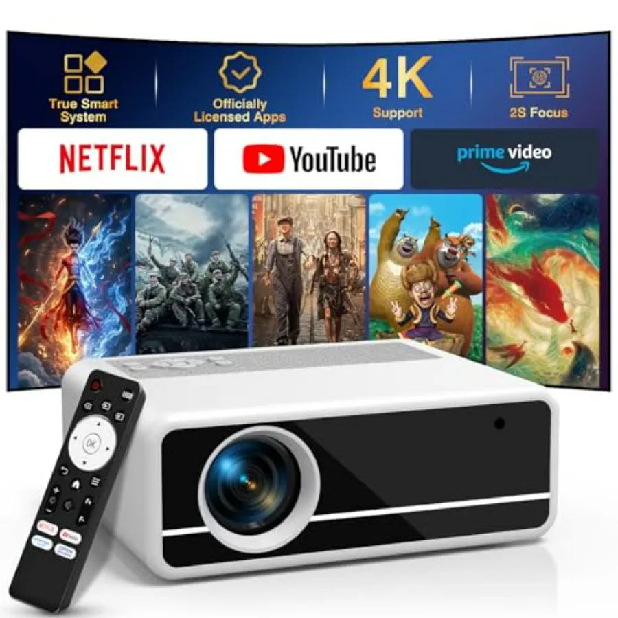 4K Smart Projector with WiFi Bluetooth Auto Keystone Correction 2S Fast Focus Portable Outdoor Movie Projector for Gaming Phone