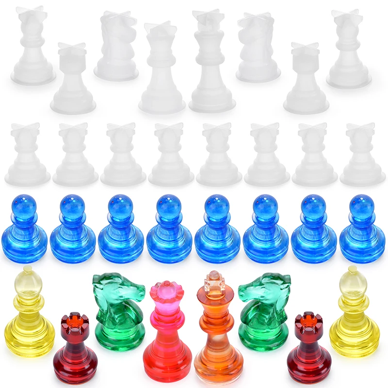 Endoto Chess Set with Checkers Board Silicone Resin Mold, Full Size 3D Chess Crystal Epoxy Casting Molds for DIY Art Crafts Mak