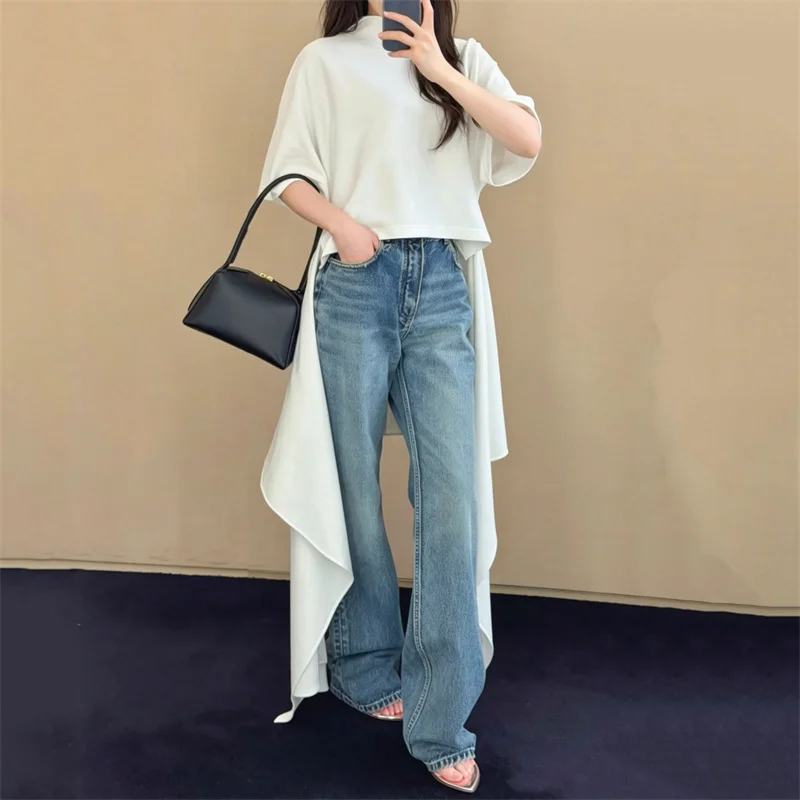 women's t-shirt New elastic slim fit short sleeved top for summer 2026 Cotton blend semi high neck pullover y2k tops for woman