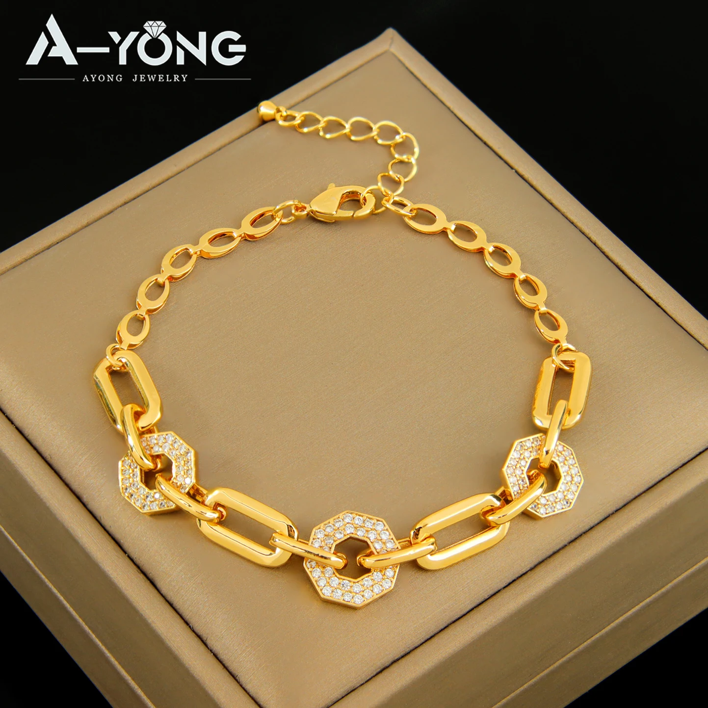 Dubai Modeschmuck-Set, 21 Karat vergoldet, italienischer Zirkonia, Halskette, Armband, Ohrringe, arabische Damen, Vintage, täglicher Party-Schmuck – Detail 5