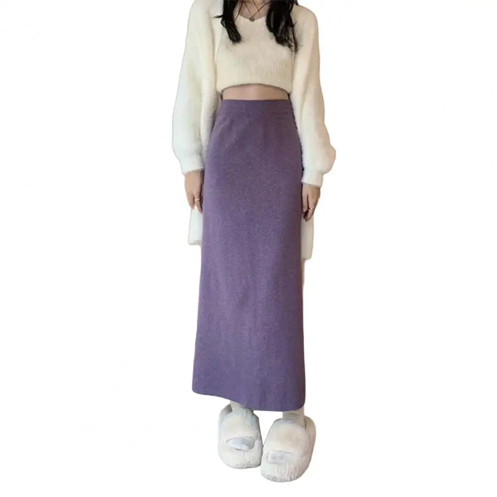 Hip Wrapped Long Skirt Elegant Women's Maxi Skirt with Elastic High Waist Hip Wrapped Design Solid Color Knitting for Casual