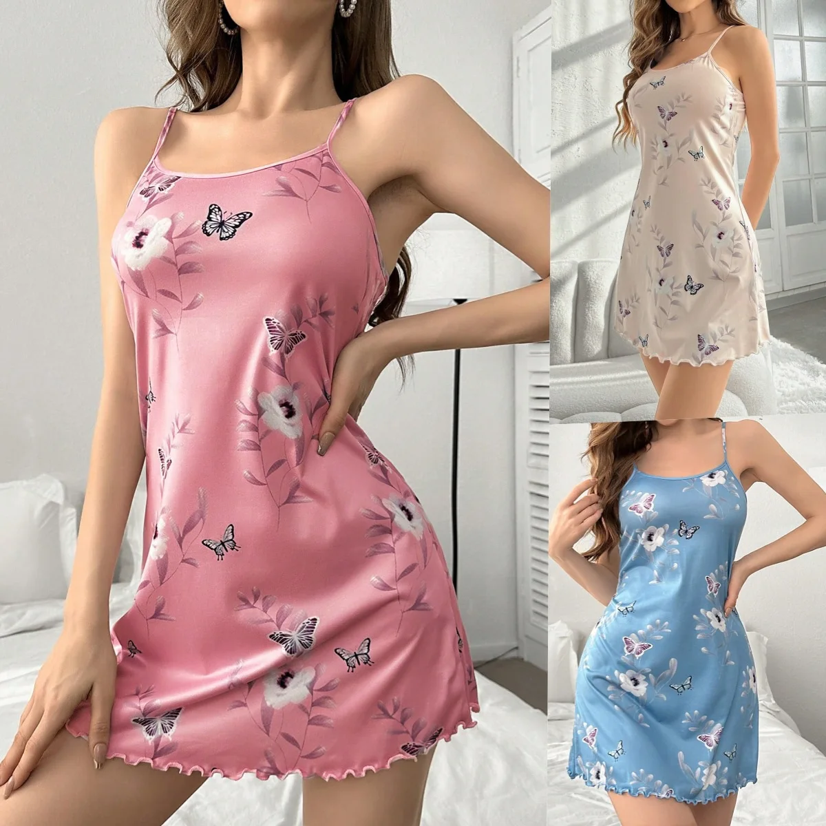 

European and American summer backless thin home clothes sexy camisole skirt butterfly print pajamas