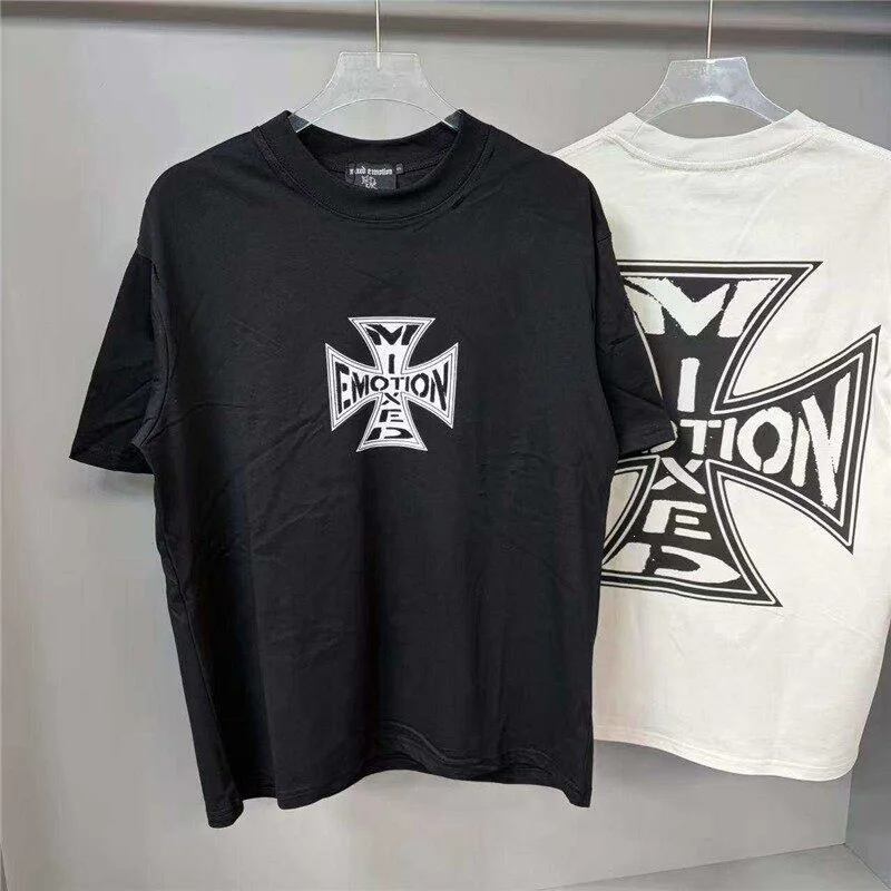Mixed Emotion American-style casual short-sleeved T-shirt - Loose-fitting, retro-style letter-printed, holey top for both men an