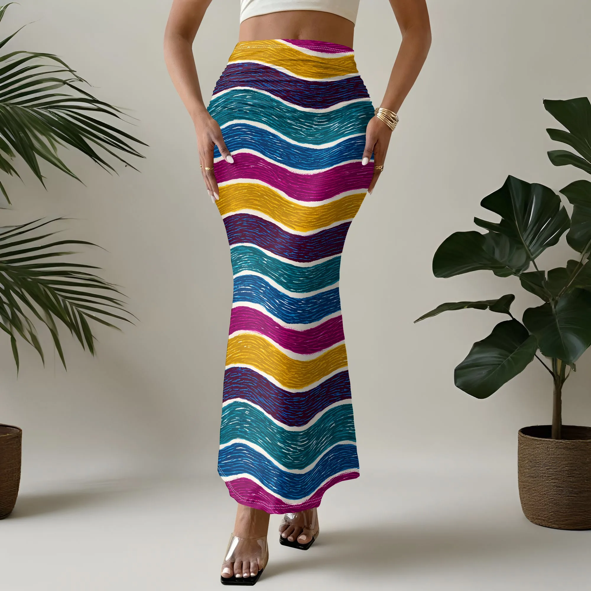 Colorful Wave Print Mermaid Skirt, Vibrant Striped Maxi Skirt, Boho Beach Wrap Skirt for Women, Summer Party Wear, S-3XL