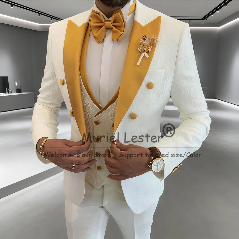 

Элегантные мужские костюмы, комплекты из 3 предметов, атласный жаккардовый пиджак с лацканами для выпускного вечера, индивидуальные смокинги для жениха, вечерние смокинги для свадебного костюма Homme