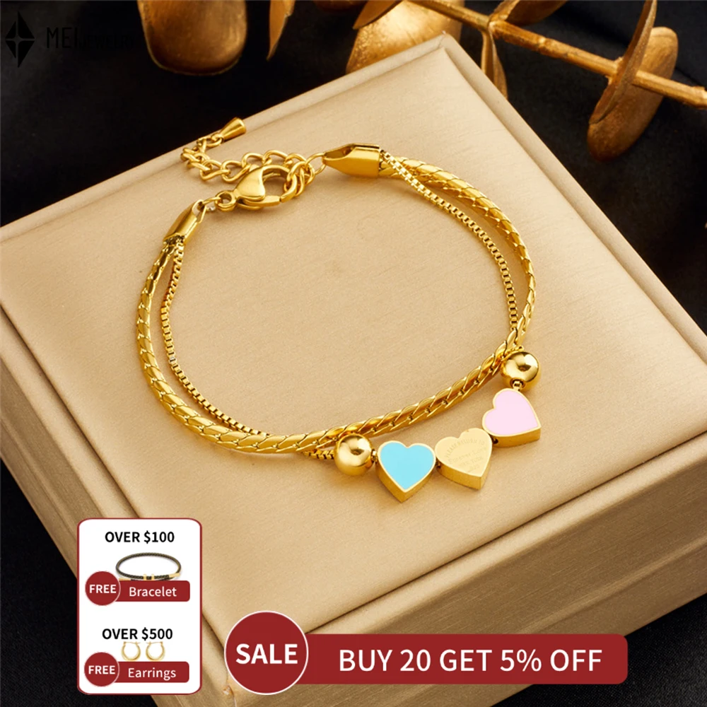 Fashion Niche Creative Versatile Double-Layer Chain Colorful Oil Dripping Heart Connected Bracelet for Women