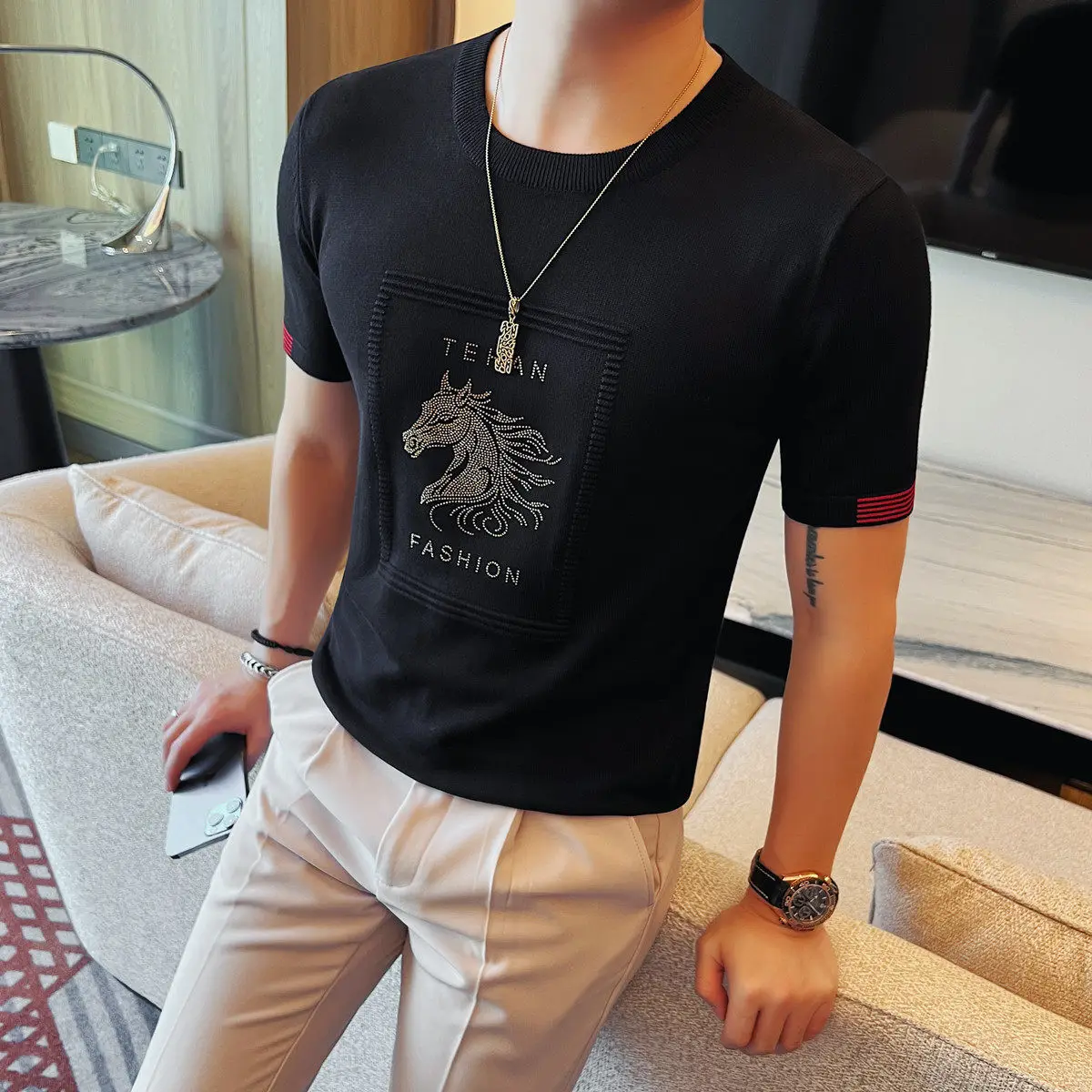 Trendy Summer Letter Printed Short Sleeved T-shirt Men's Round Neck Slim Fit Casual T-shirts Business Social Knit Shirt Tees