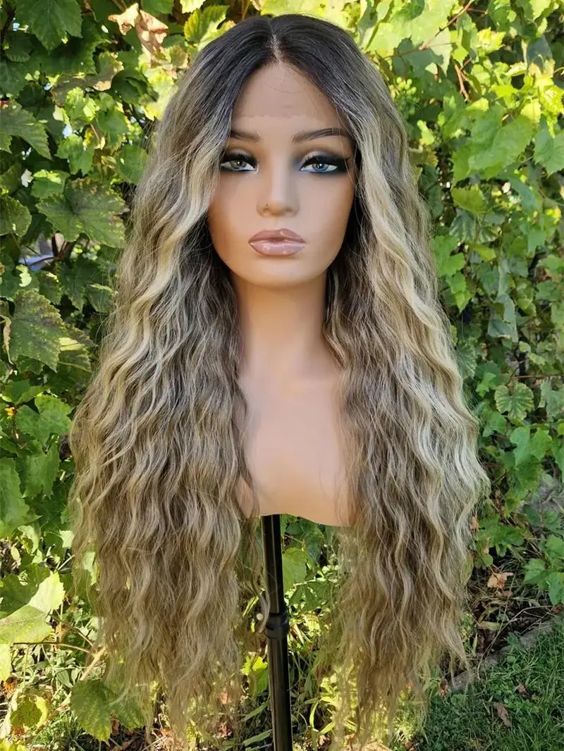 Ombre Aschblond Braun Wasserwelle Lace Front Perücke Hitzebeständige Faserhaarperücke Leimlose synthetische Perücken Hochwertige Damenperücken