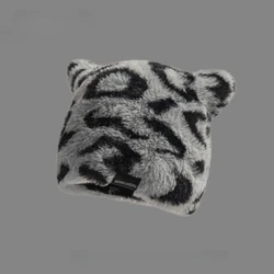 American Winter Leopard Print Plush Pullover Hat for Men and Women Imitation Mink Hair Cat Ear Ear Protection Warm Beanie Cap