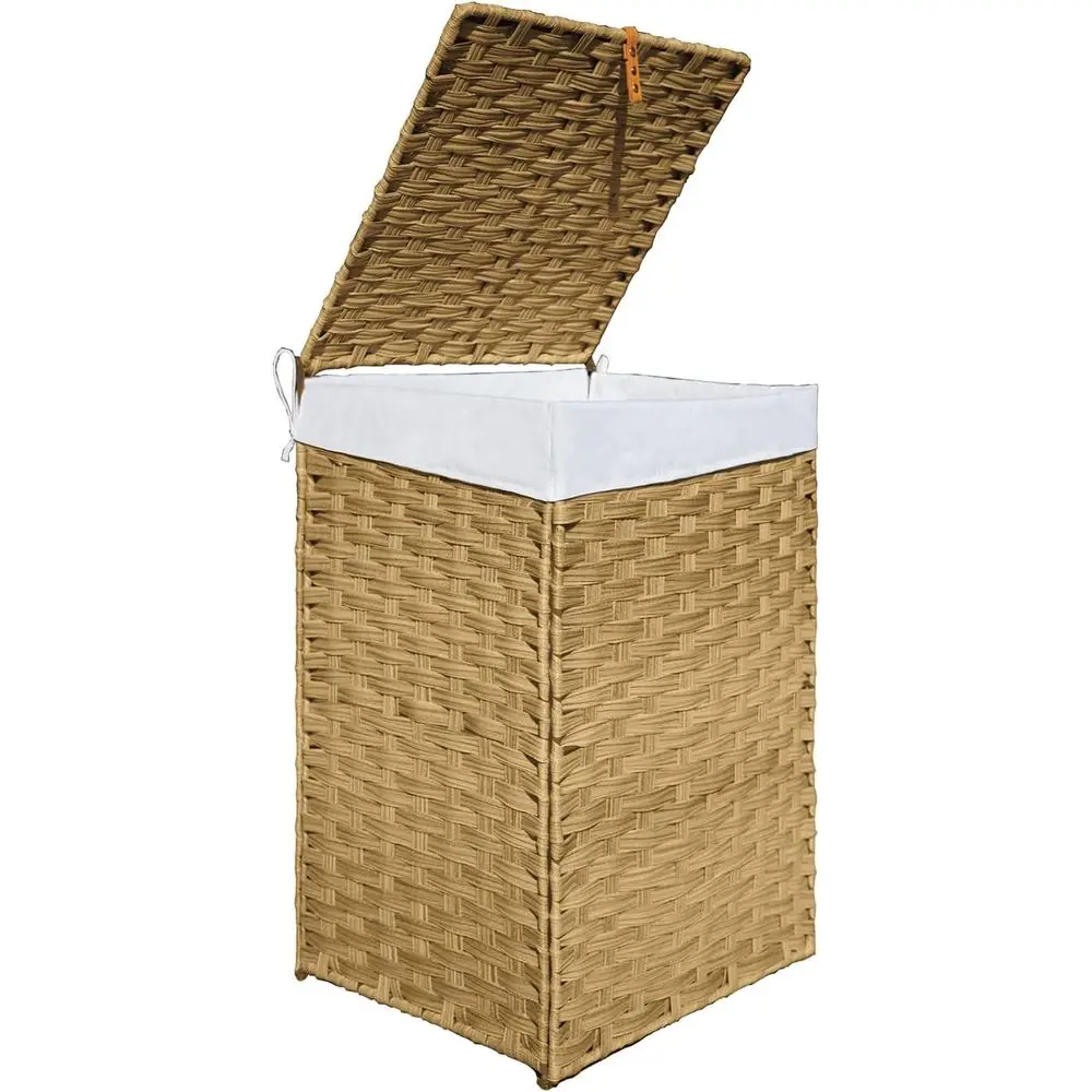 

24 Gallon Wicker Laundry Basket with Lid and Removable Liner, Dual-Section, Yellow