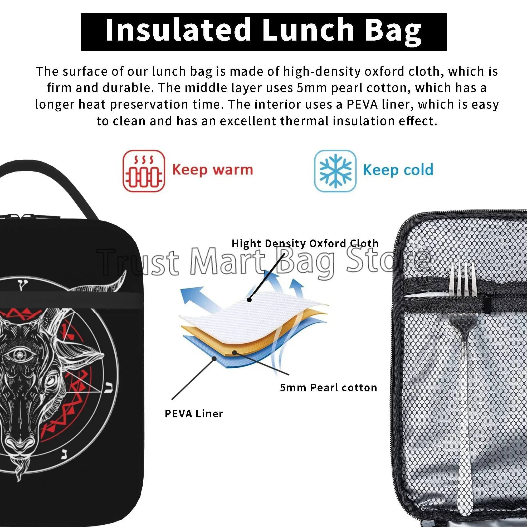 Baphomet Pentagram Satantic Occult Church of Satan Goat Goth Lunch Box for Travel Picnic Reusable Waterproof Insulated Lunch Bag