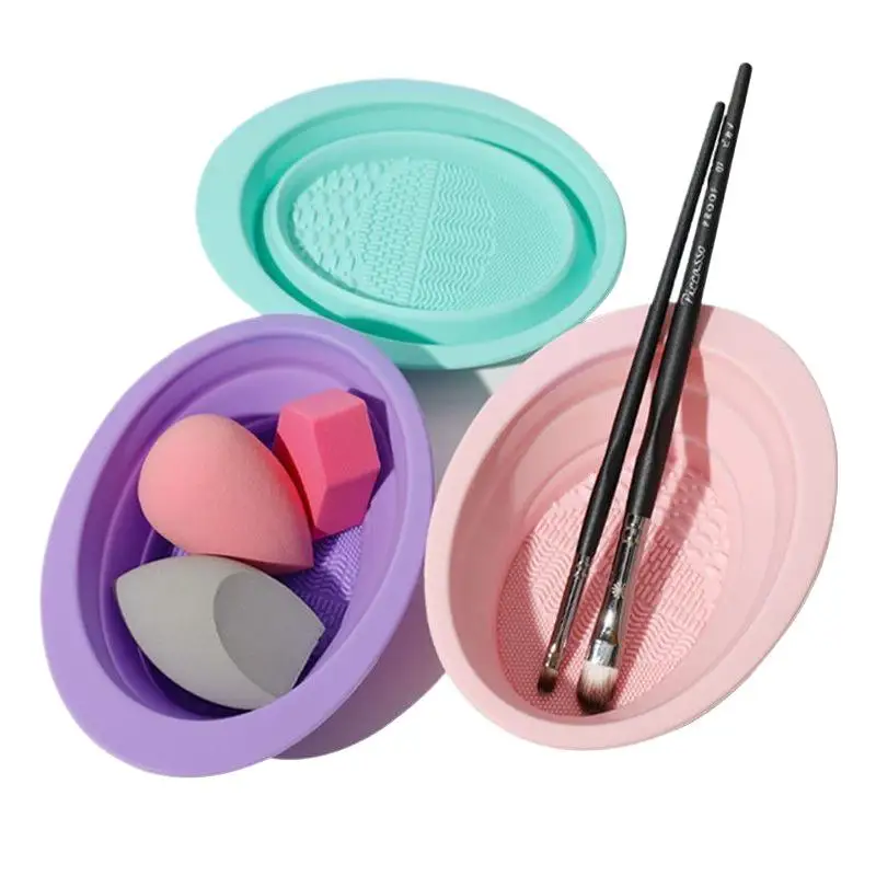 Nettoyeur de pinceaux de maquillage en Silicone souple, bol de nettoyage de bouffées de poudre pliante, pinceaux de fard à paupières, tapis de lavage propre, outils de beauté, boîte à récurer