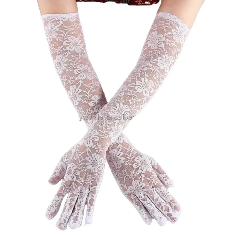 Guantes largos de tul transparente de satén para novia, manoplas elásticas ultrafinas, malla de nailon, codo, encaje de flores, hilo de seda, novedad