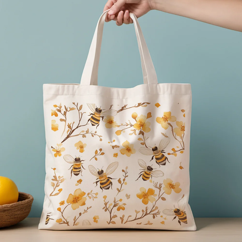 A Watercolor Bee Flowers pattern print canvas tote bag, suitable for daily use, shopping, school, and travel