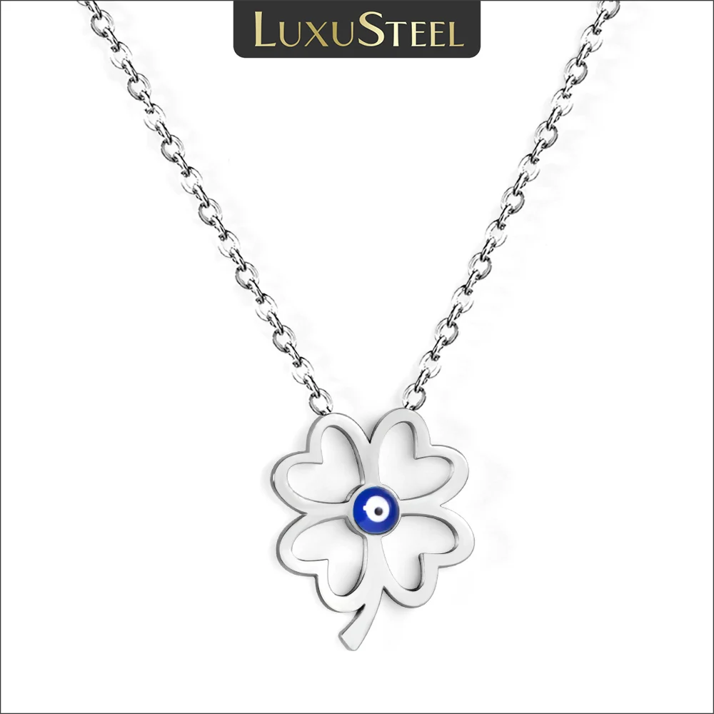 LUXUSTEEL Blue Evil Eyes Bead Four Leaf Clover Pendant Necklace For Women Girls Silver Color Stainless Steel Rolo Chain Choker