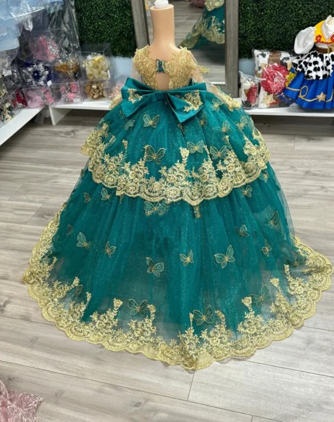 Green Mini Quinceanera Gowns Mexican Prom Flower Girl Dresses Tulle Appliqued Bow Wedding Celebration Dresses vestidos de novia