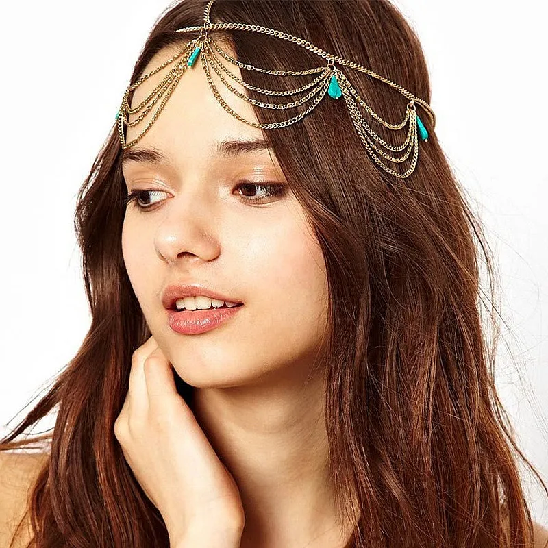 Fashion national style turquoise fringe hair band female simple temperament 100 hair chain head chain advanced sense