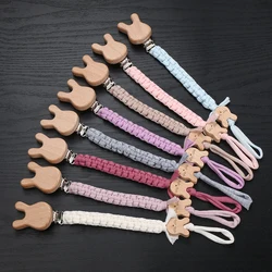 Beech Wood Baby Pacifier Clips Handmade Weave Cotton Rope Nipple Chain For Baby Soother Dummy Holder Chain Nursing Chew Toys