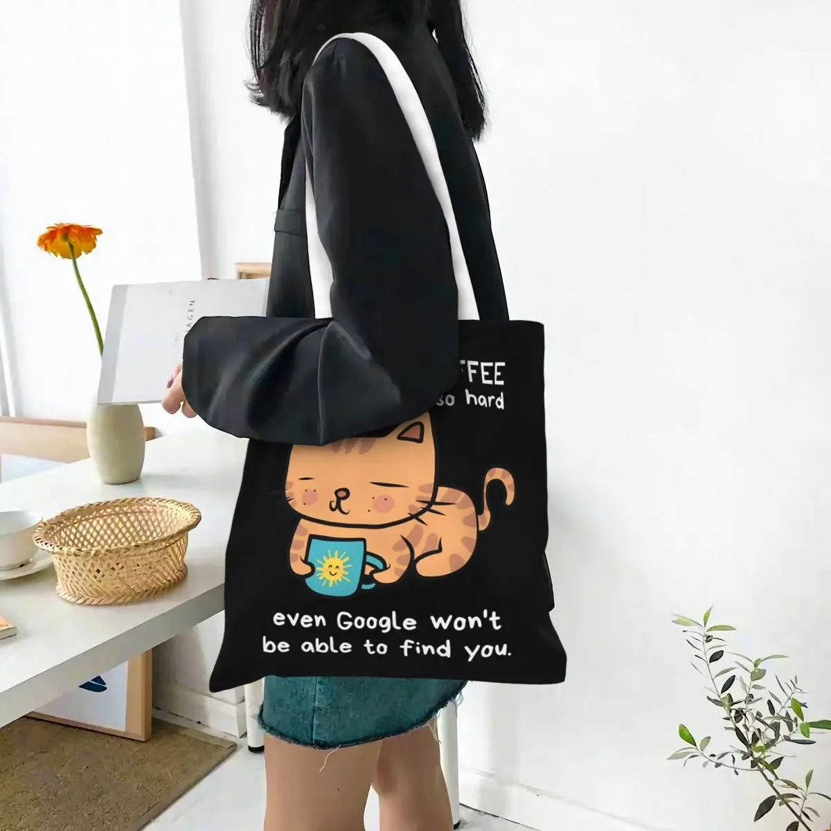 

Cute Cat Don't Touch My Coffee Canvas Tote Handbag Funny Cat Meme Shoulder Bags Large Capacity Shopper Bags for Unisex