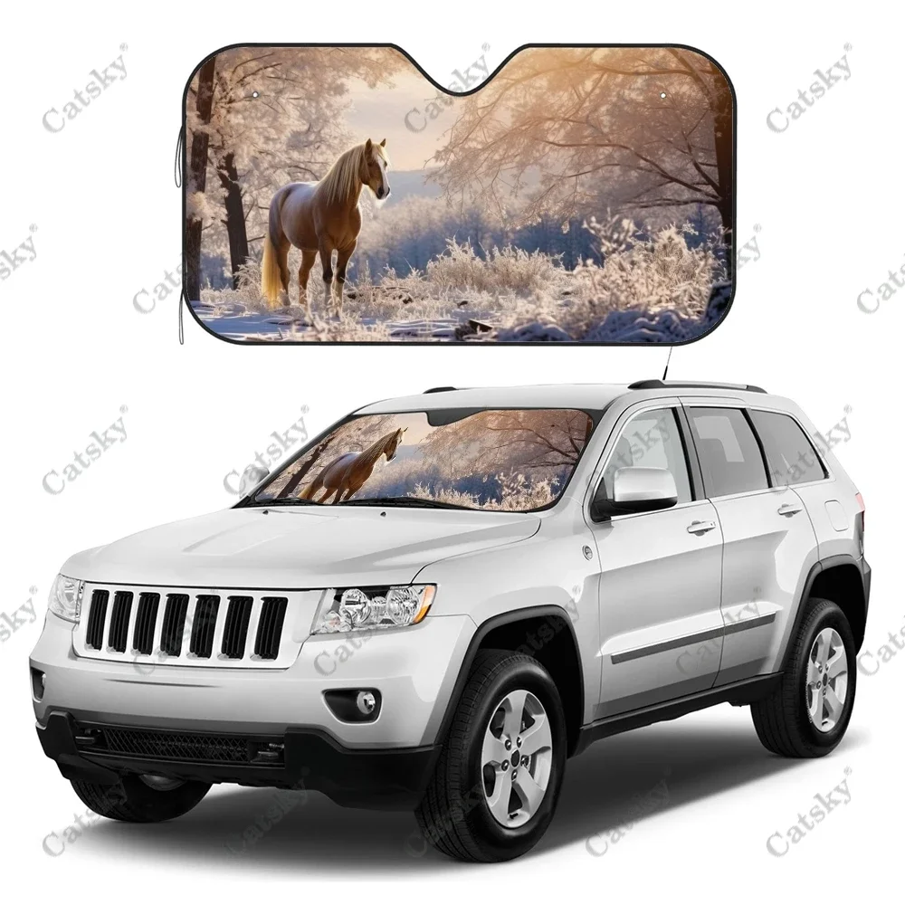 Horse in Snowy Field Car Windshield Sunshade, Front Auto Accessories Car Windshield Sun Shade Blocks Uv Rays Sun Visor Protector