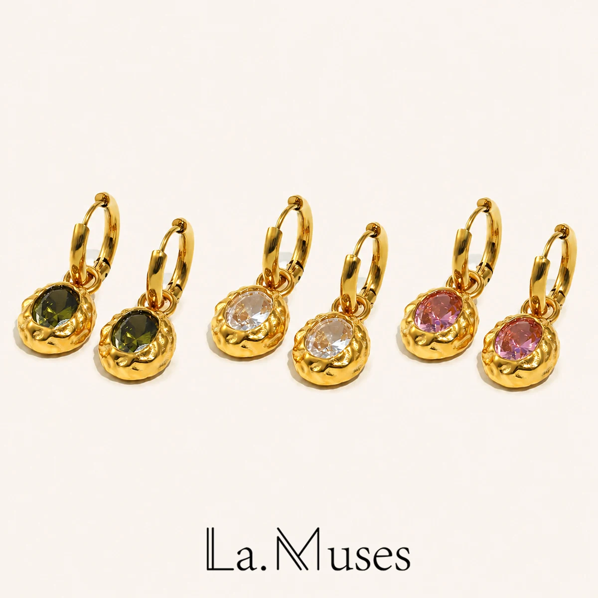 La. Muses Colored Elliptical Zircon Punch Texture Pendant Stainless Steel Women's Earrings PVD Plated Fashion Jewelry Accessorie
