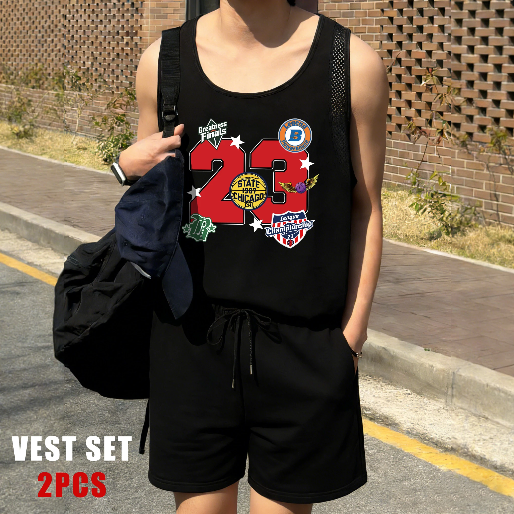 

State Chicago 1967 Greatness Finals Men Reticular Vest Set Crewneck Sleeveless Tee Soft Drawstring Shorts Summer Unisex Sportset