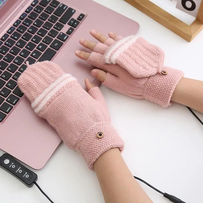 USB Heated Gloves Heating Men Women Fingerless Winter Gloves Knitting Typing Gloves Heated Work Gloves For Ski Snowboarding