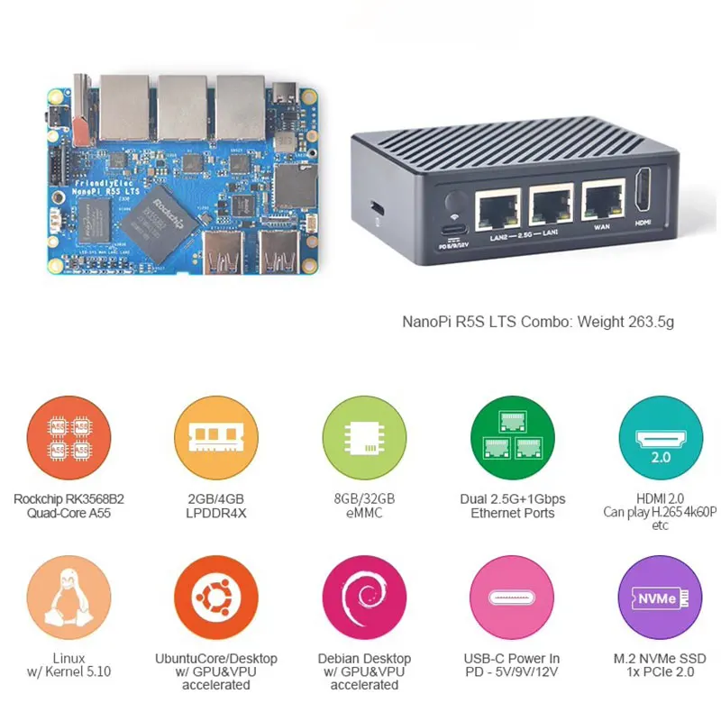 Nanopi R5S LTS Rockchip RK3568B2 4GB RAM 32GB eMMC Development Board Quad-Cortex-A55 CPU 2.0GHz,2x PCIe 2.5Gbps Ethernet,OpenWRT