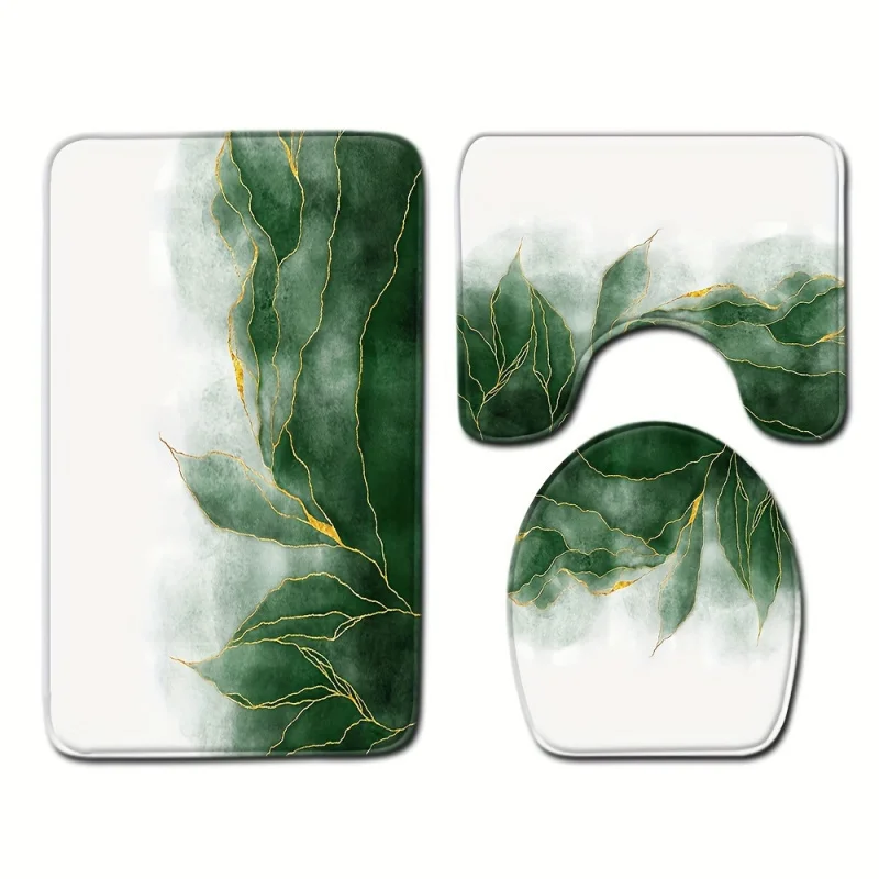 1/3Pcs White Background Leaf Pattern Floor Mat Set Toilet Lid Toilet Carpet Bathroom Absorbent Door Mat Bathroom Three-Piece Set