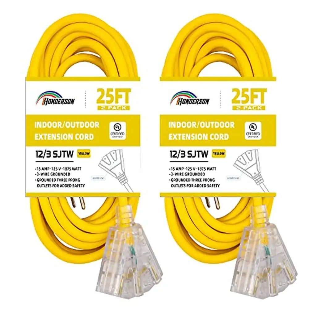 3-Outlets Weatherproof Extension Cord UL Listed 12 Gauge 25FT Heavy Duty Power Strip Indoor Outdoor 3 Prong Yellow Lightning End