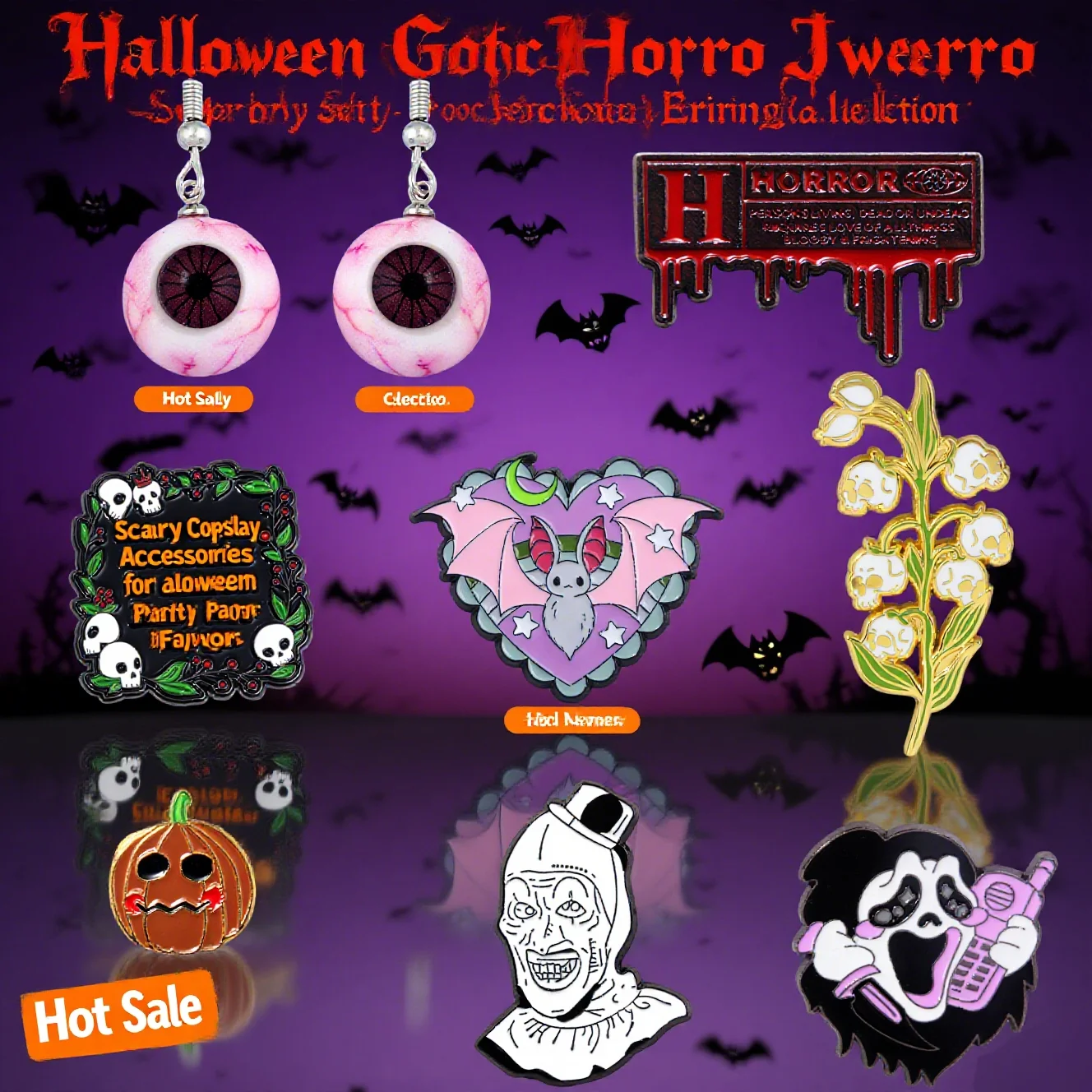Halloween Gothic Horror Jewelry Set - Eyeball Earrings, Enamel Pins with Bat, Pumpkin & Scary Characters for Party Cosplay Gifts