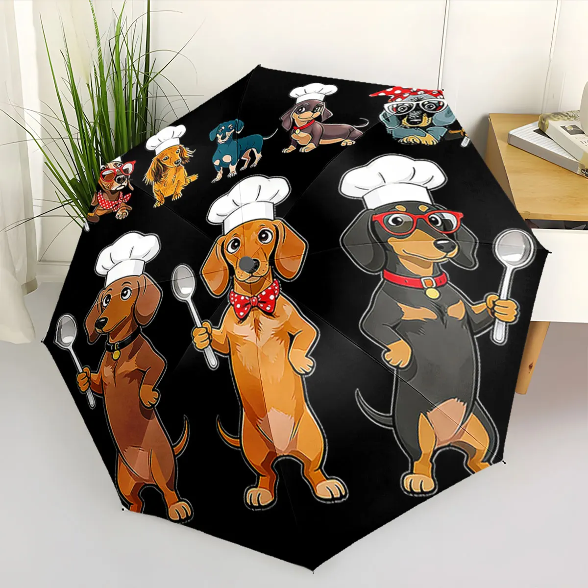 1PC Chef Dogs Parade on Black Umbrella Print 8 Iron Ribs Folding Umbrella Auto-Open Fashion Sunshade
