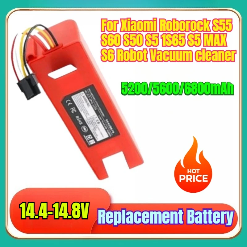 

New High Quality 14.4V 6800mAh Replacement Battery for Xiaomi Roborock S55 S60 S50 S51 S65 S5 MAX S6 Robot Vacuum Cleaner