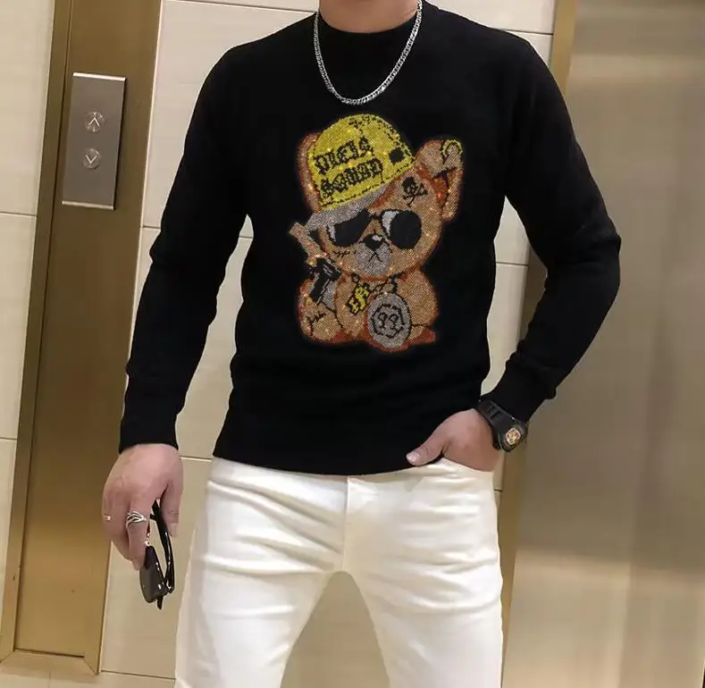 Autumn Fashion Thin Sweaters Men Long Sleeve Pullovers Man O-Neck Rhinestone Slim Fit Sweaters Knitting Tops